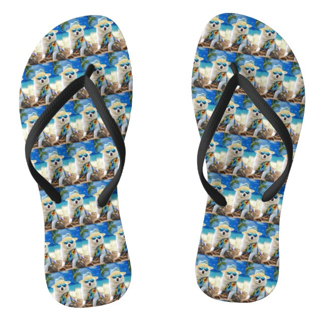 American Eskimo on Beach,summer gift for dog lover Thongs (Footbed)