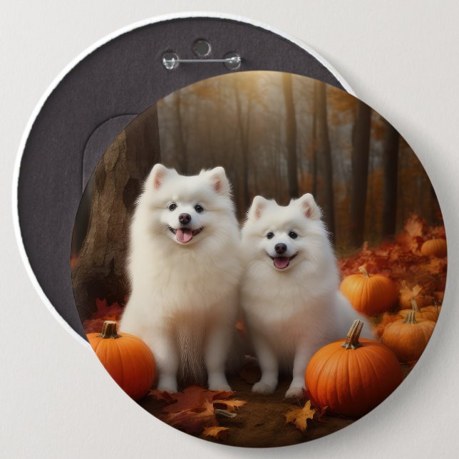 American Eskimo Puppy Autumn Delight Pumpkin 6 Cm Round Badge (Front & Back)