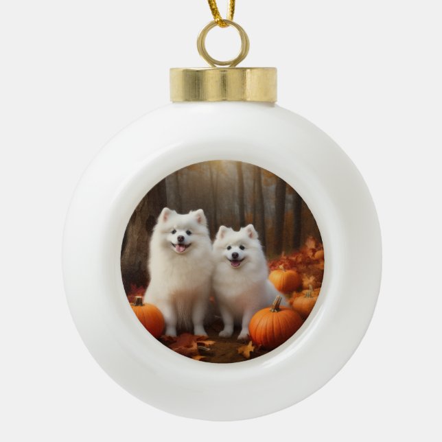American Eskimo Puppy Autumn Delight Pumpkin Ceramic Ball Christmas Ornament (Front)