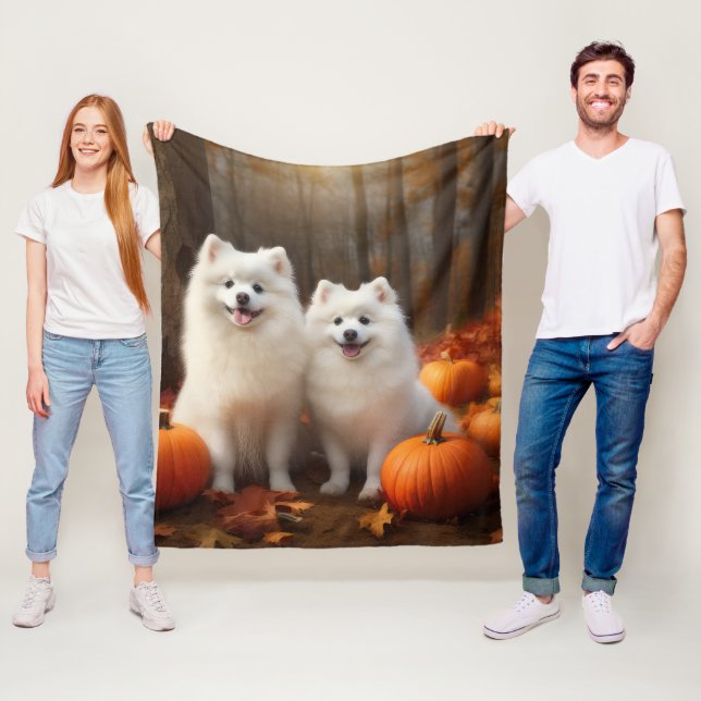 American Eskimo Puppy Autumn Delight Pumpkin Fleece Blanket (In Situ)
