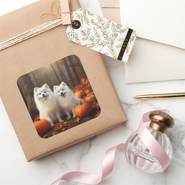 American Eskimo Puppy Autumn Delight Pumpkin Square Sticker (Gifting)