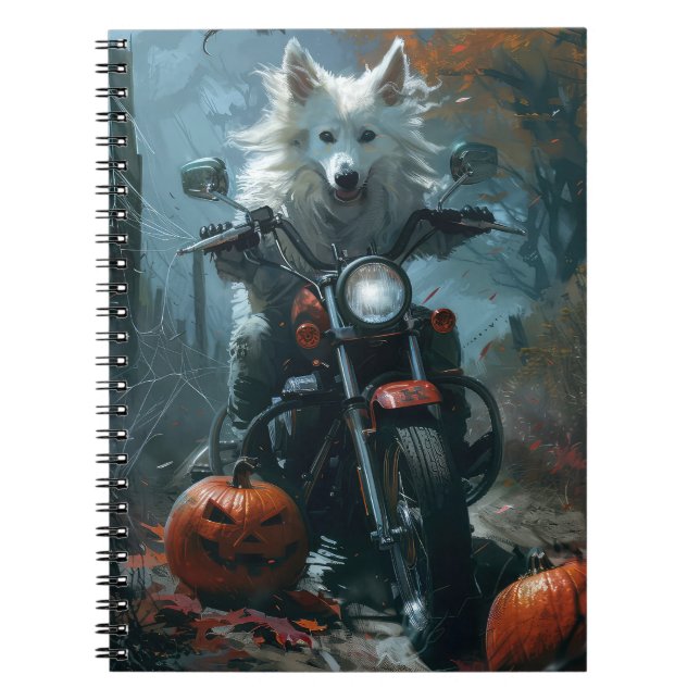 American Eskimo Riding Motorcycle Halloween Scary Notebook (Front)