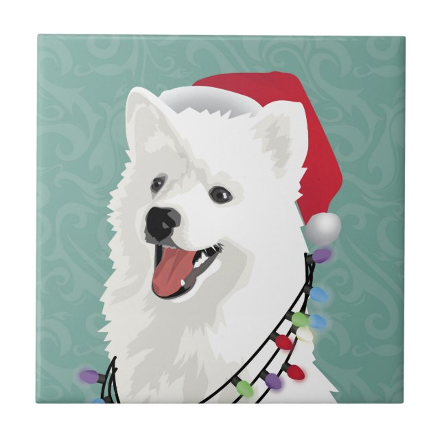 American Eskimo Samoyed Cute Puppy Dog Christmas Tile (Front)