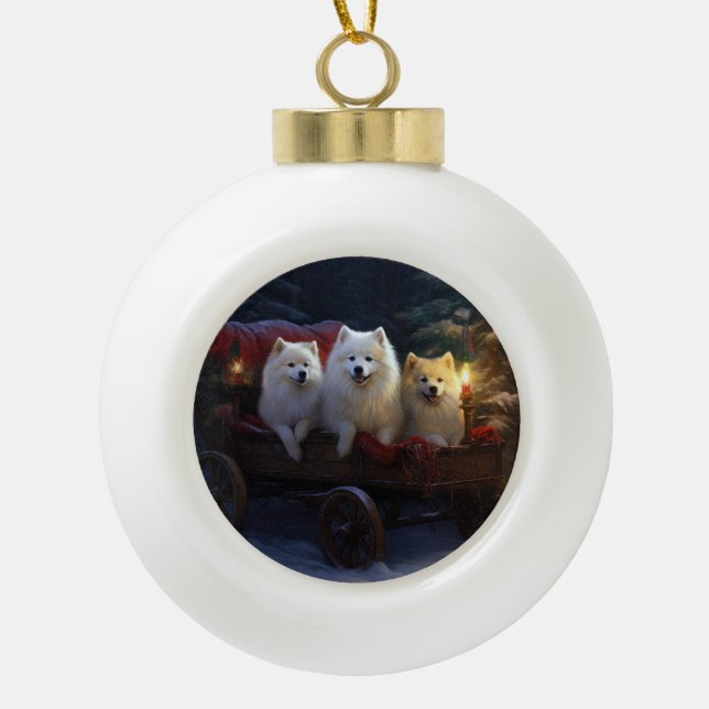 American Eskimo Snowy Sleigh Christmas Decor Ceramic Ball Christmas Ornament (Front)
