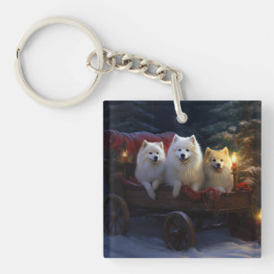 American Eskimo Snowy Sleigh Christmas Decor Key Ring