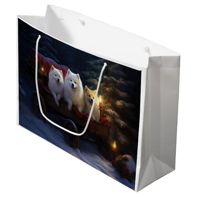 American Eskimo Snowy Sleigh Christmas Decor Large Gift Bag (Front Angled)