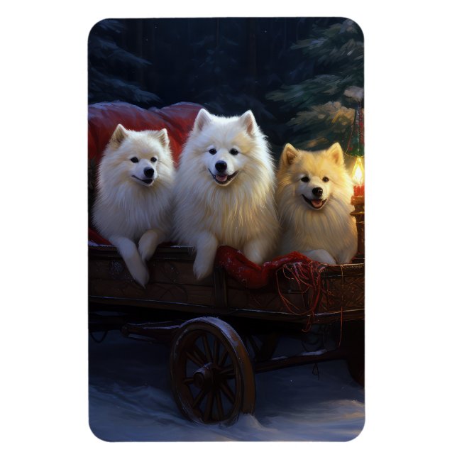 American Eskimo Snowy Sleigh Christmas Decor Magnet (Vertical)