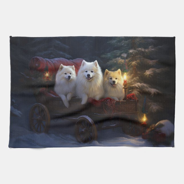 American Eskimo Snowy Sleigh Christmas Decor Tea Towel (Horizontal)
