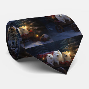 American Eskimo Snowy Sleigh Christmas Decor Tie