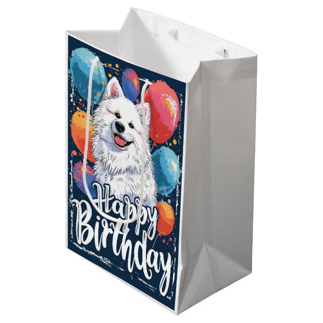 American Eskimo with Balloons Birthday Medium Gift Bag (Front Angled)