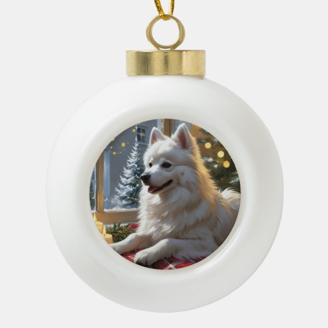 American Eskimo With Christmas Lights Holiday Ceramic Ball Christmas Ornament (Front)