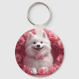 American Eskimo with Roses - Valentine's Day Key Ring