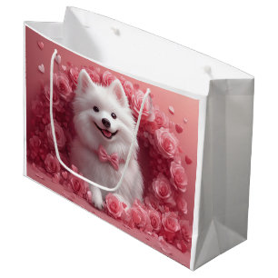 American Eskimo with Roses - Valentine's Day Large Gift Bag
