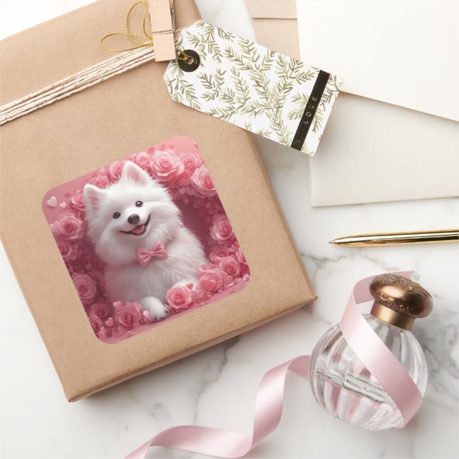 American Eskimo with Roses - Valentine's Day Square Sticker (Gifting)