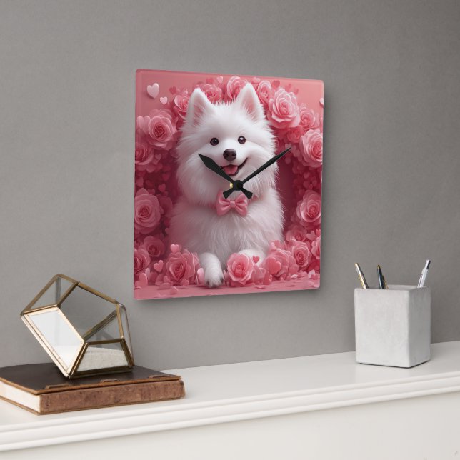American Eskimo with Roses - Valentine's Day Square Wall Clock (Office)