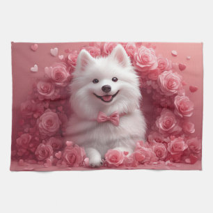 American Eskimo with Roses - Valentine's Day Tea Towel