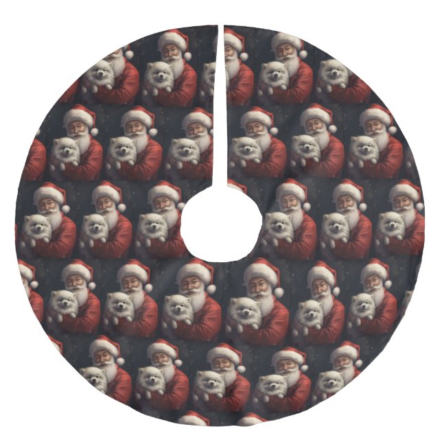 American Eskimo with Santa Claus Festive Christmas Brushed Polyester Tree Skirt (Front)