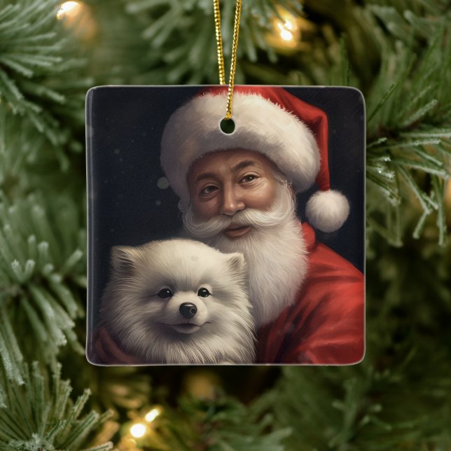 American Eskimo with Santa Claus Festive Christmas Ceramic Ornament (Tree)