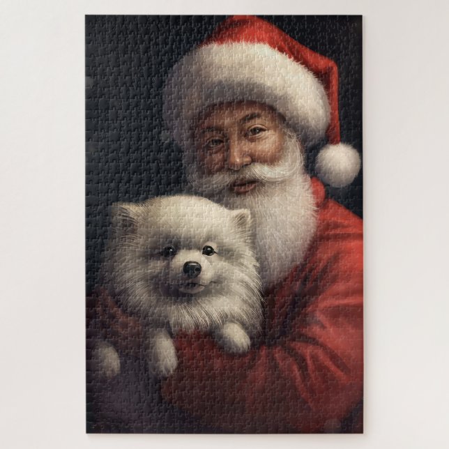 American Eskimo with Santa Claus Festive Christmas Jigsaw Puzzle (Vertical)