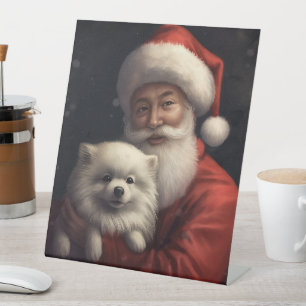 American Eskimo with Santa Claus Festive Christmas Pedestal Sign