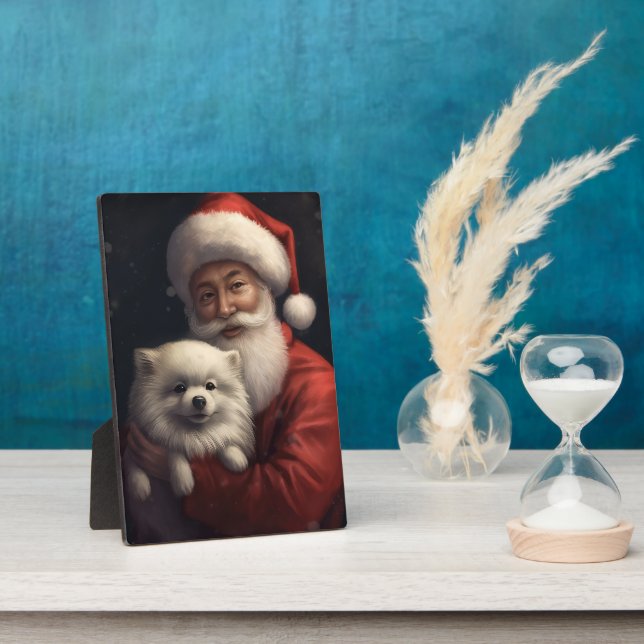 American Eskimo with Santa Claus Festive Christmas Plaque (Side)