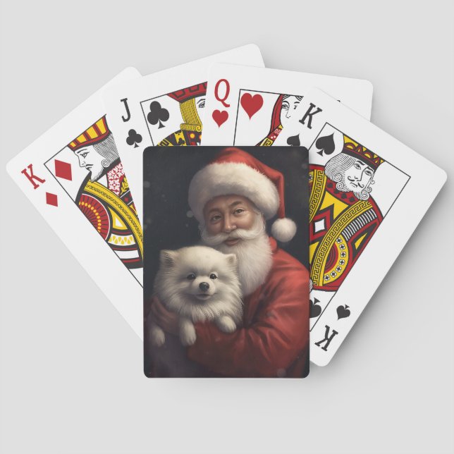 American Eskimo with Santa Claus Festive Christmas Playing Cards (Back)