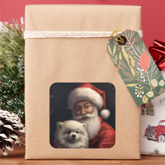 American Eskimo with Santa Claus Festive Christmas Square Sticker (Holiday)