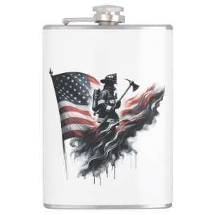 American firefighter.Flag of the United States. Hip Flask