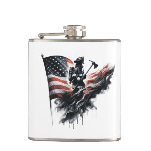 American firefighter.Flag of the United States. Hip Flask
