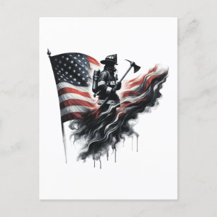 American firefighter.Flag of the United States. Holiday Postcard