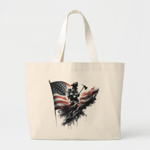 American firefighter.Flag of the United States. Large Tote Bag