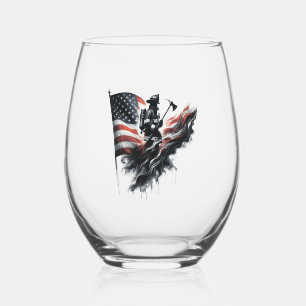 American firefighter.Flag of the United States. Stemless Wine Glass