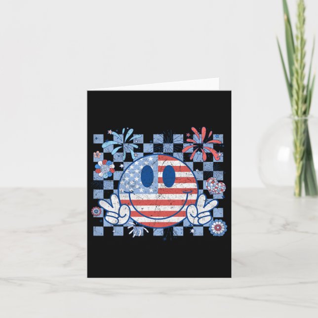 American Flag 4th Of July Groovy Smiling Face Chec Card (Front)