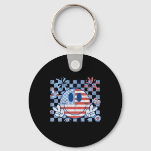 American Flag 4th Of July Groovy Smiling Face Chec Key Ring