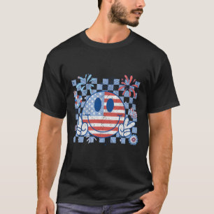 American Flag 4th Of July Groovy Smiling Face Chec T-Shirt