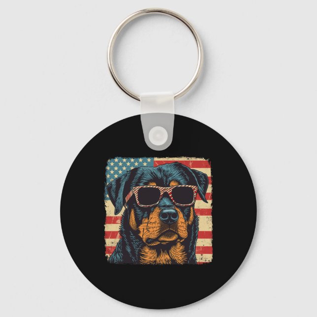 American Flag 4th Of July Rottweiler Dog Art  Key Ring (Front)