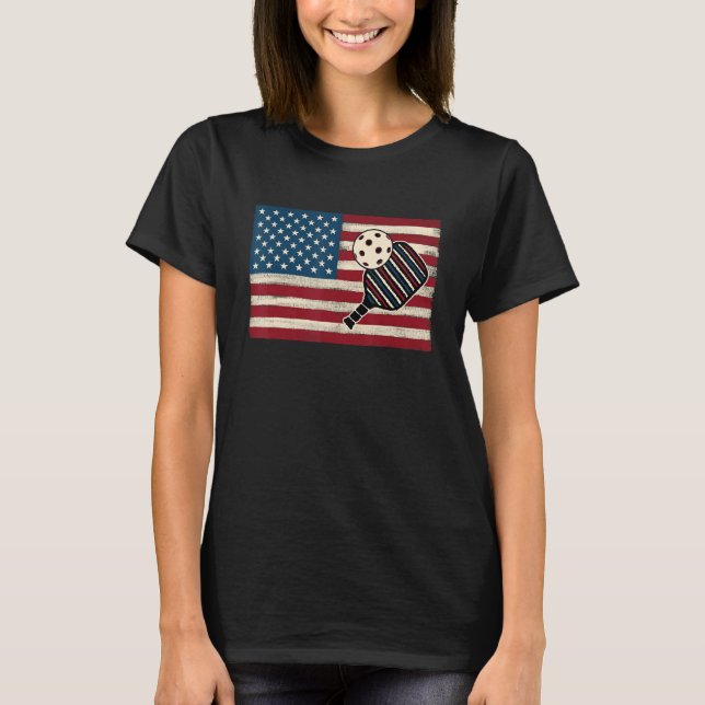 American flag 4th of July USA Patriotic Pickleball T-Shirt (Front)