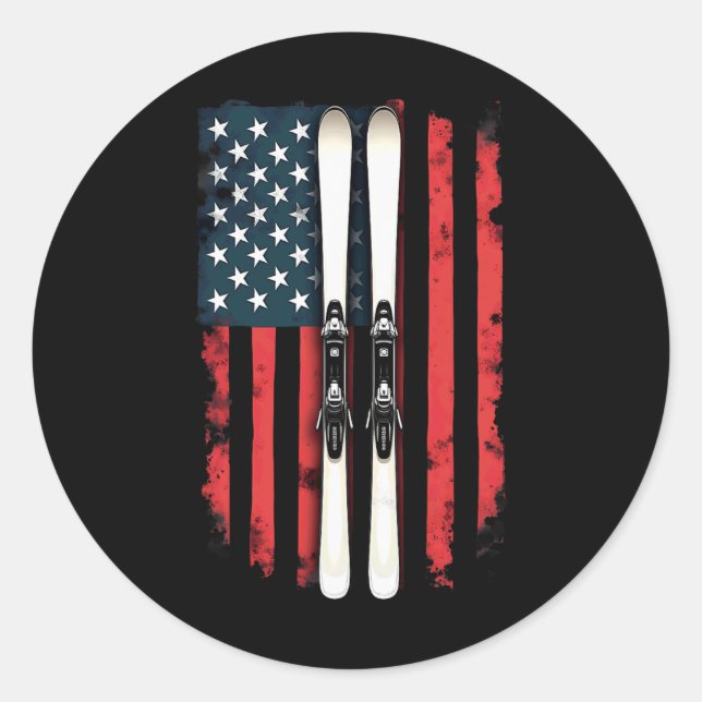 American Flag Alpine Skiing Skier _2  Classic Round Sticker (Front)