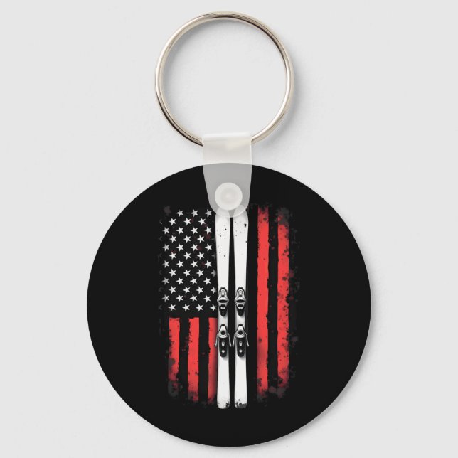 American Flag Alpine Skiing Skier  Key Ring (Front)