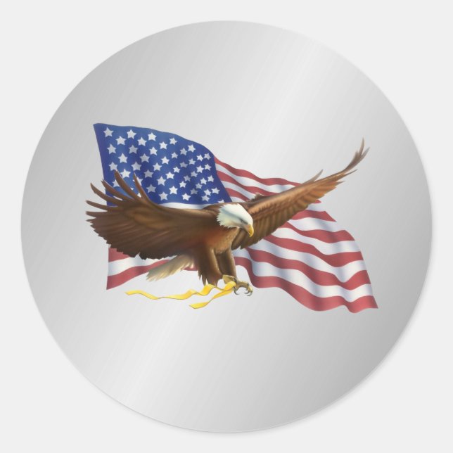 American Flag and Eagle Silver Classic Round Sticker (Front)
