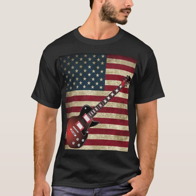American Flag and Electric Guitar - Red T-Shirt (Front)