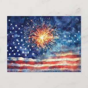 American flag and fireworks and U.S. Pledge. Holiday Postcard
