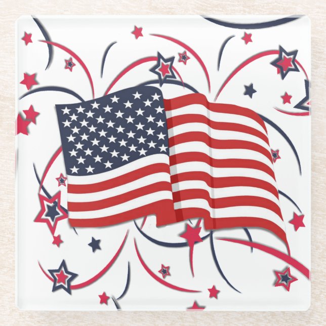 American Flag and Fireworks Glass Coaster (Front)