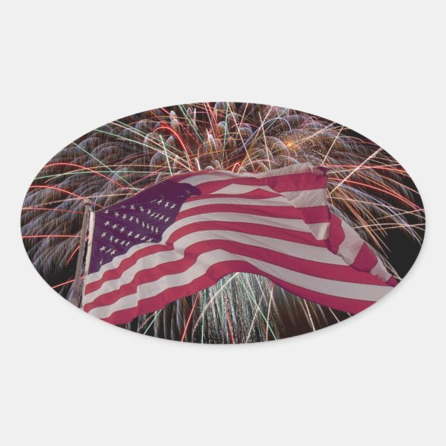American Flag and Fireworks Oval Sticker (Front)