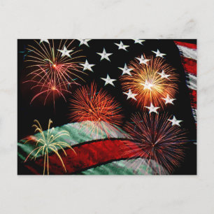 American flag and fireworks postcard