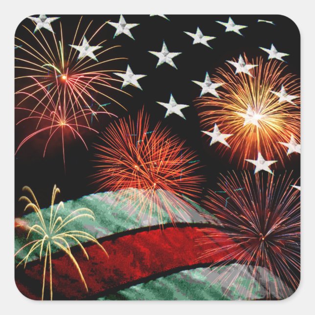 American flag and fireworks square sticker (Front)