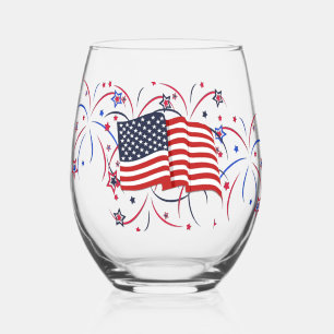 American Flag and Fireworks Stemless Wine Glass