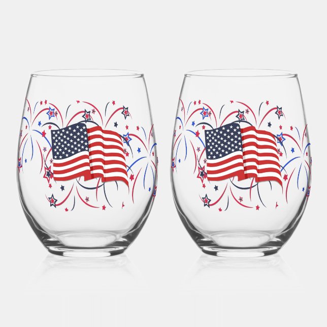 American Flag and Fireworks Stemless Wine Glass (Front)
