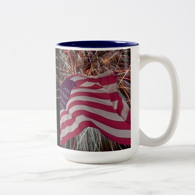 American Flag and Fireworks Two-Tone Coffee Mug (Right)