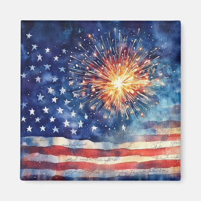 American flag and fireworks & U.S. Pledge. Magnet (Front)